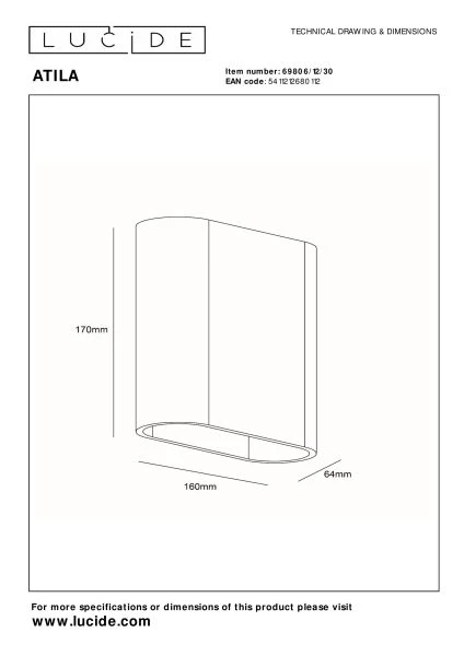Lucide ATILA - Applique murale Intérieur/Extérieur - LED Dim. - 2x5W 2700K - IP54 - Noir - technique
